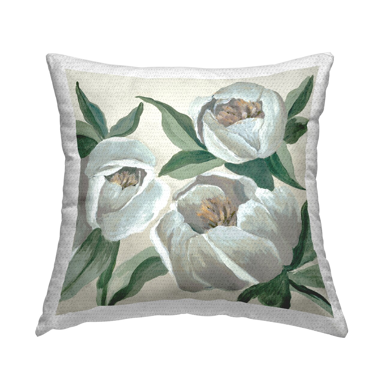 Round White Peonies Outdoor Printed Pillow Design by Jacob Q, 18 x 7 x 18